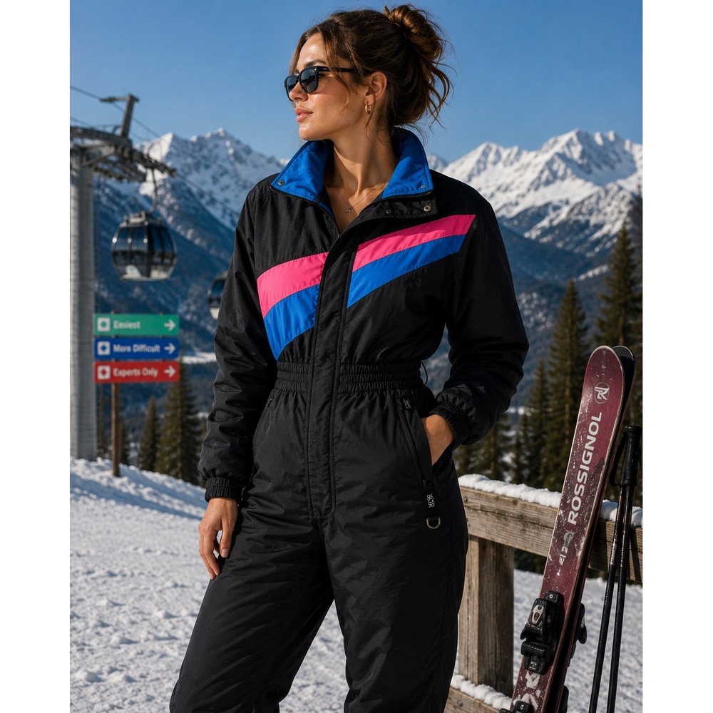 Vintage SKYR Gore-Tex One Piece Ski Suit Women's 10 Black Blue Pink (S/M) retro‎
